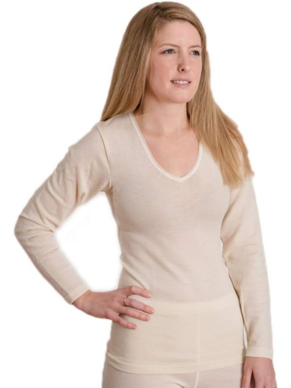 Organic Wool-Silk Long Sleeve V-Neck Underwear Shirt for Women - Cozy & Soft